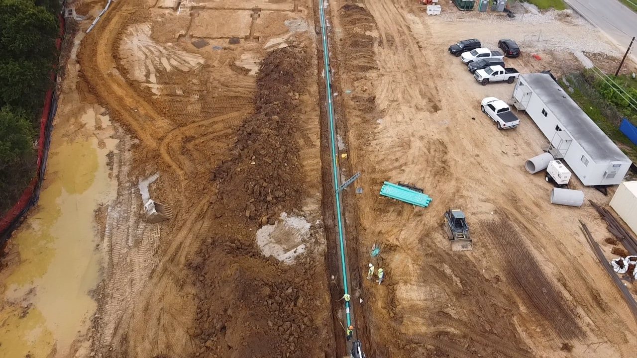 Aerial view of Bragg Light sanitary sewer main installation
